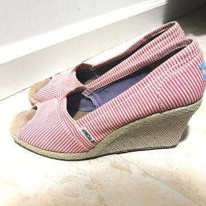 TOMS Red & White Striped Espadrille Wedges
